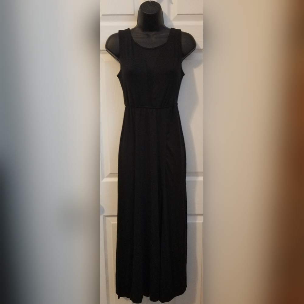 Black knit jersey maxi dress with mesh panels